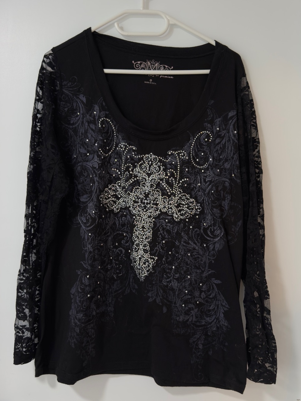 Maurices Black Long-Sleeve Lace Sleeve Top with Rhinestone Cross